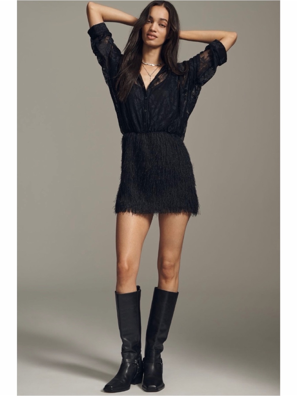 NEW Anthropologie Maeve Black Fringe Button Front Twofer Mini Shirt Dress MEDIUM
